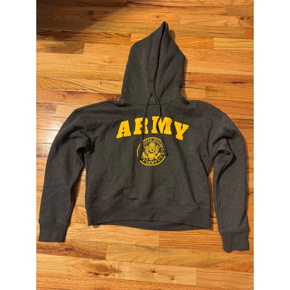District VIT Fleece US Army Cropped Hoodie Charcoal Grey Yellow Graphic Size M